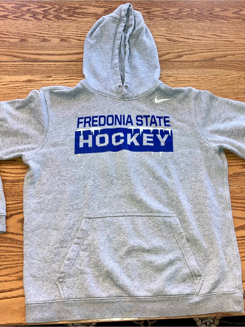 Nike Gray Hoodie with Blue Fredonia State Hockey Logo